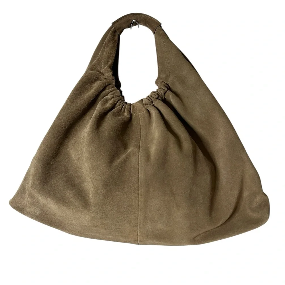 Closed Golden Wood Suede Hobo Bag Slouchy Minimalist Luxury Shoulder Bag
